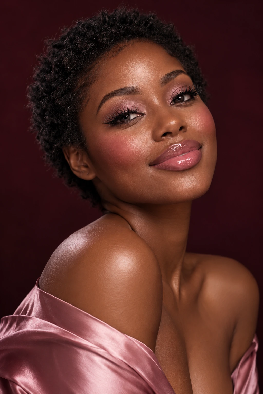 Coconoir Barbie campaign portrait: A woman in a rose satin wrap looks toward the camera in pink eye makeup.