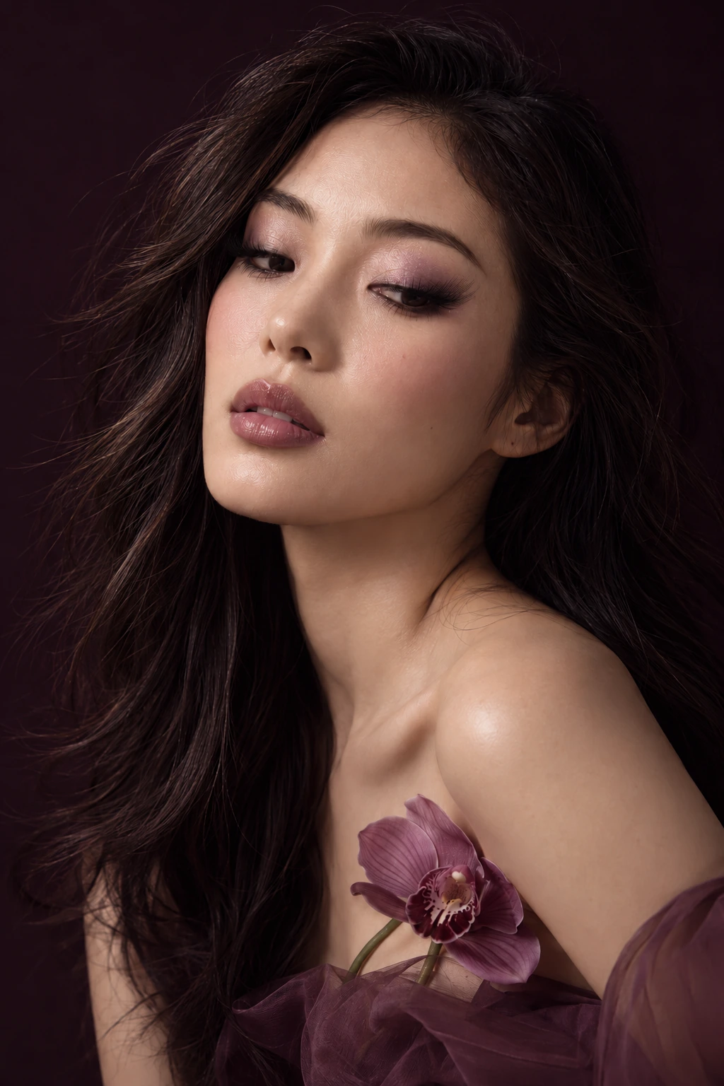 Coconoir Belle campaign portrait: A woman with long dark hair lowers her gaze beside a purple orchid.