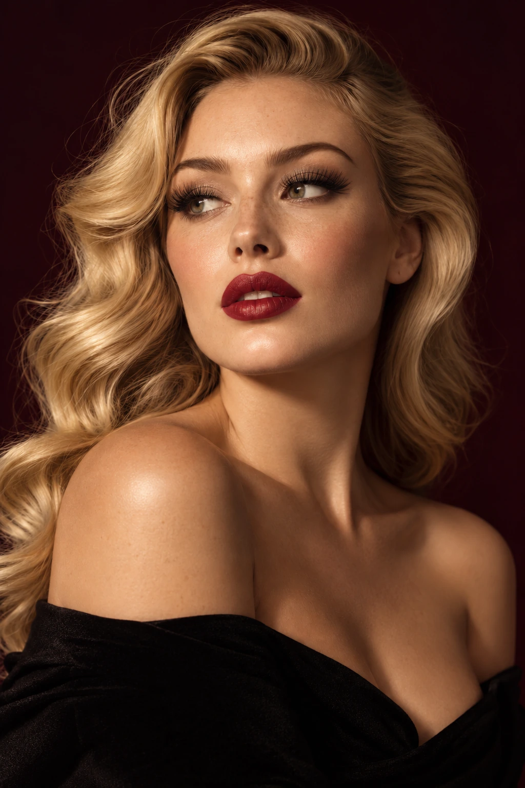 Coconoir Bombshell campaign portrait: A blonde woman looks to the side in a black top and red lipstick.