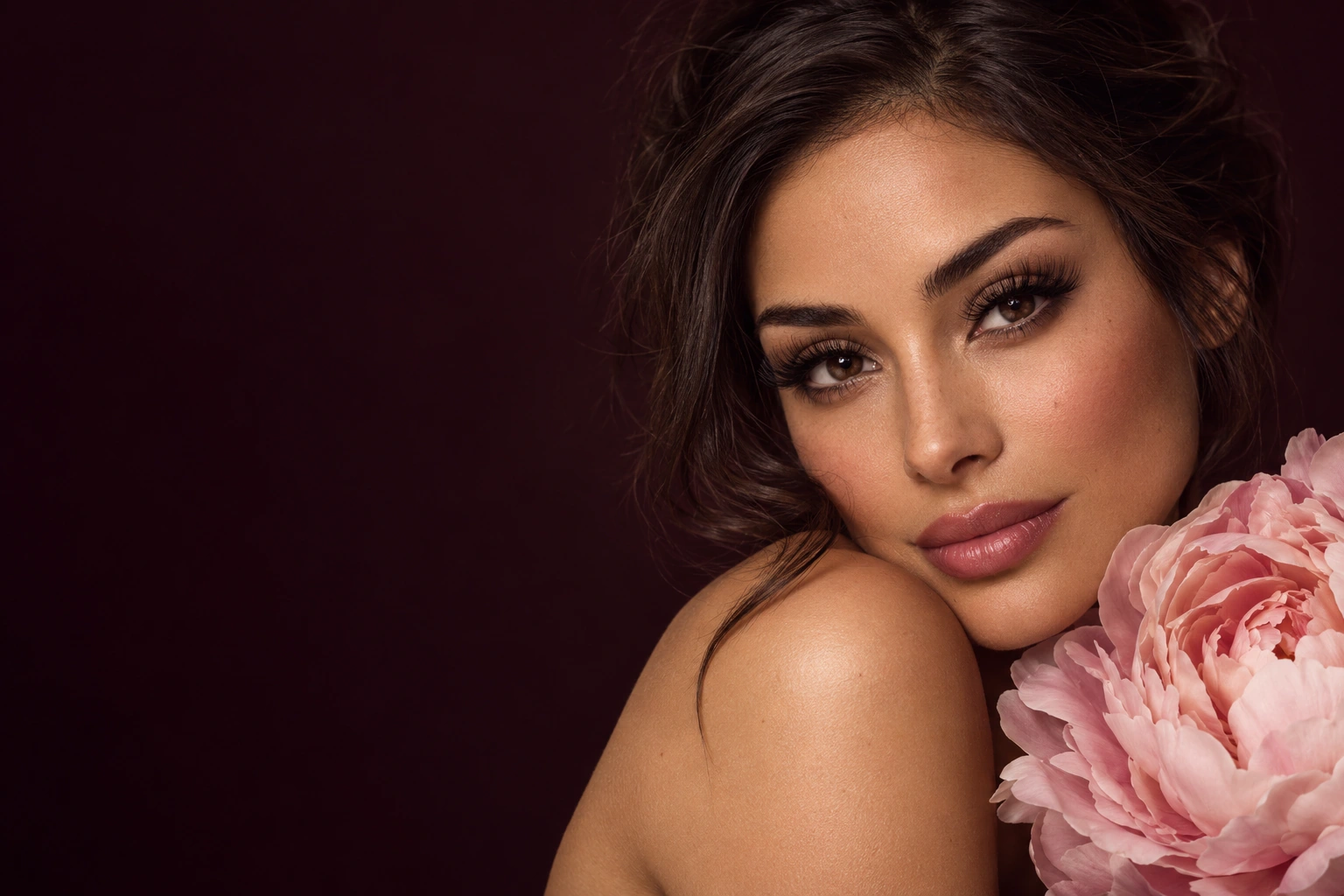 Coconoir campaign portrait of a woman beside pink peonies against a dark background.