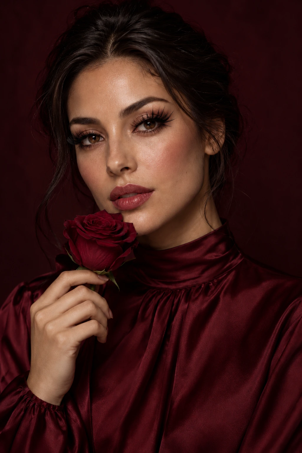 Coconoir Love Affair campaign portrait: A woman in burgundy satin holds a red rose beside her face.