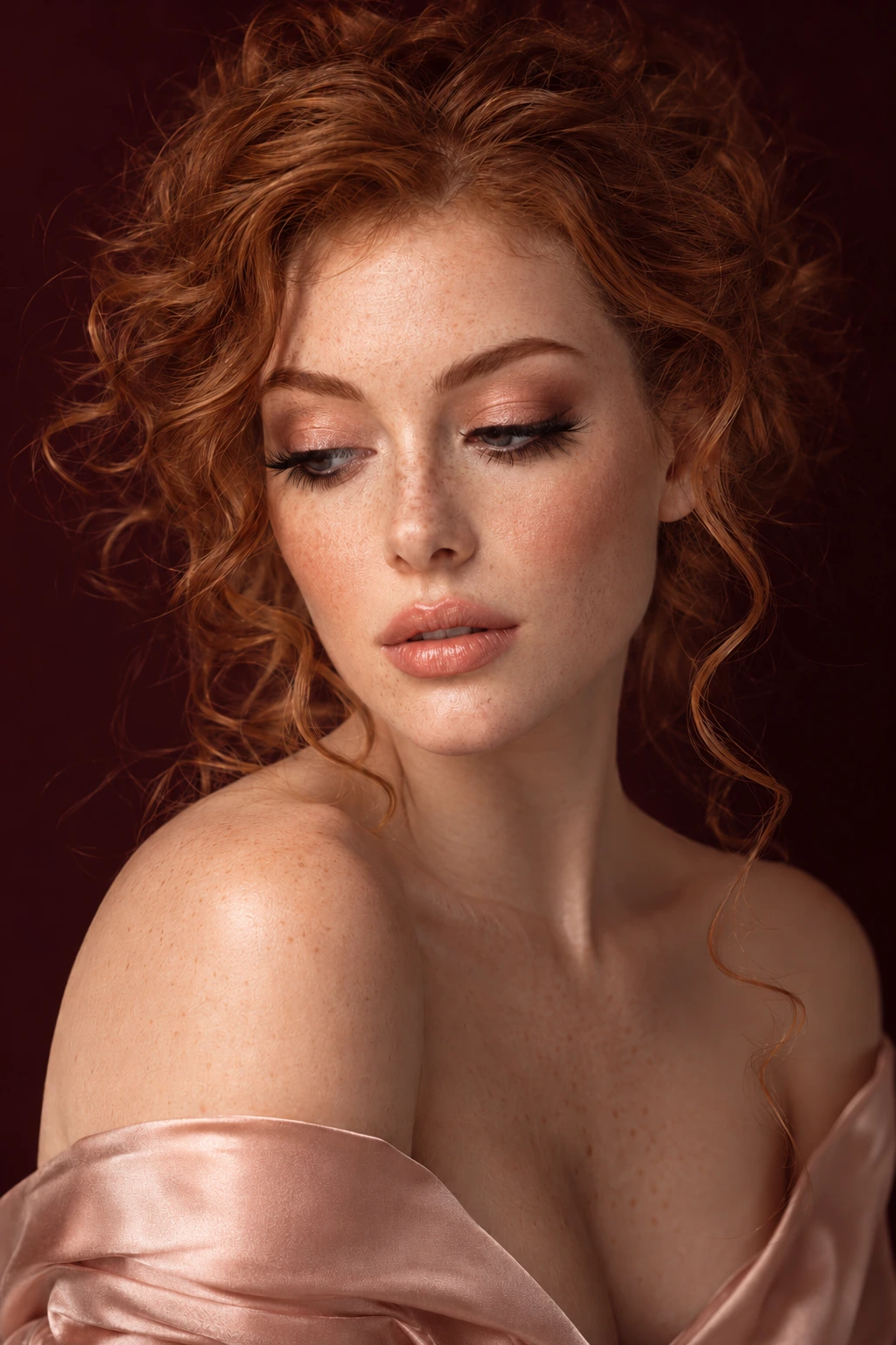 Coconoir Lovely campaign portrait: A freckled red-haired woman lowers her gaze in a pale satin wrap.