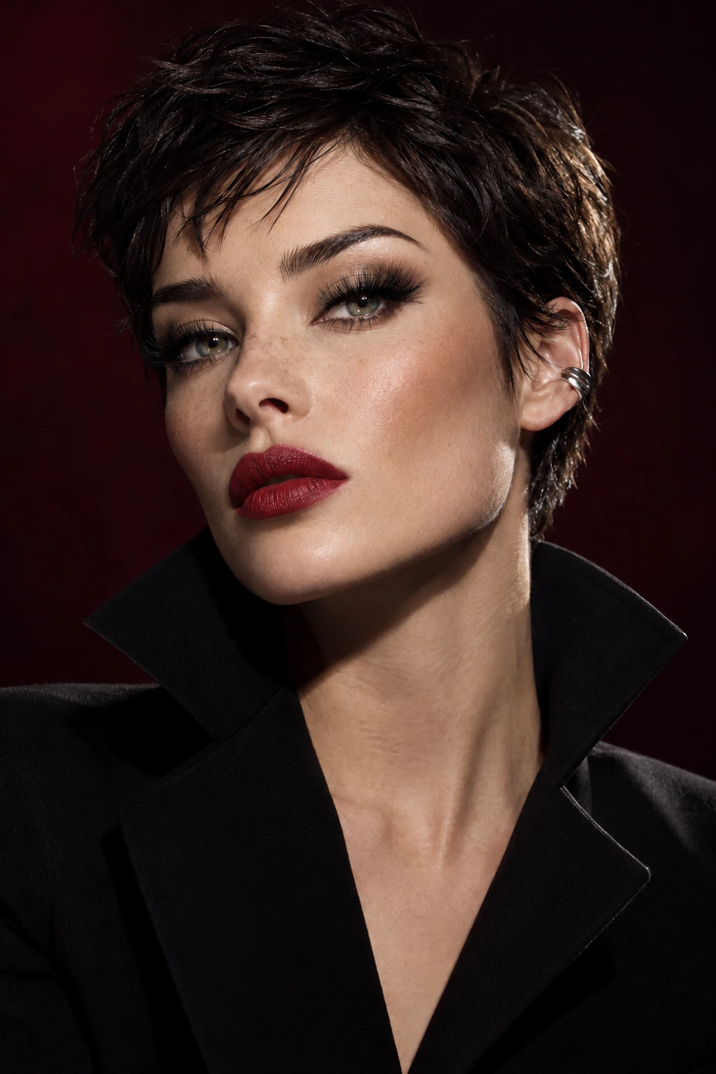Coconoir Savage campaign portrait: A short-haired woman in a dark jacket wears red lipstick and looks ahead.