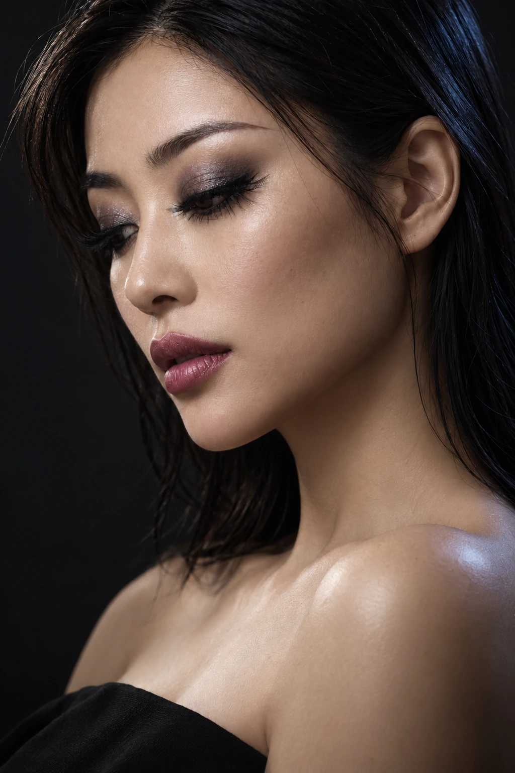 Coconoir Stunning campaign portrait: A woman in a black top looks down in silver-toned eye makeup.