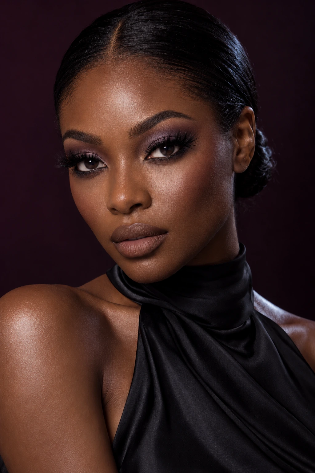 Coconoir Smoky campaign portrait: A woman with swept-back hair wears smoky eye makeup and a black draped top.