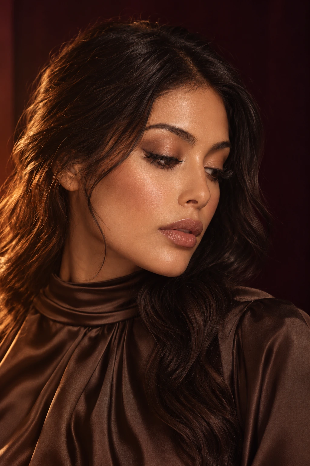 Coconoir Sultry campaign portrait: A woman in a brown satin top lowers her gaze in warm light.